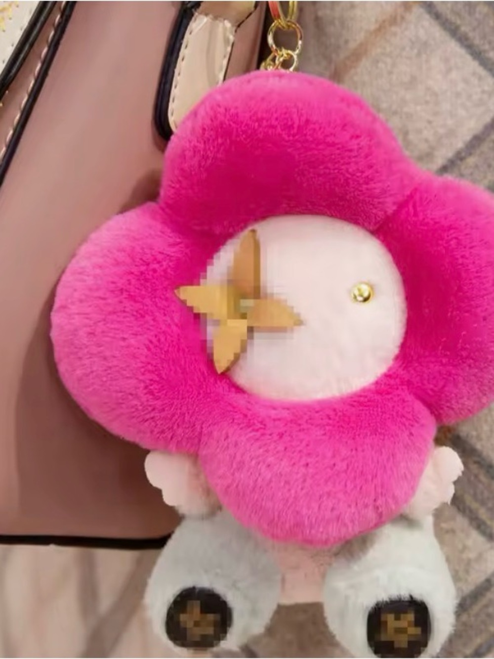 Plush Hot Pink LV Vivienne Keychain Bag Charm with Gold Accents